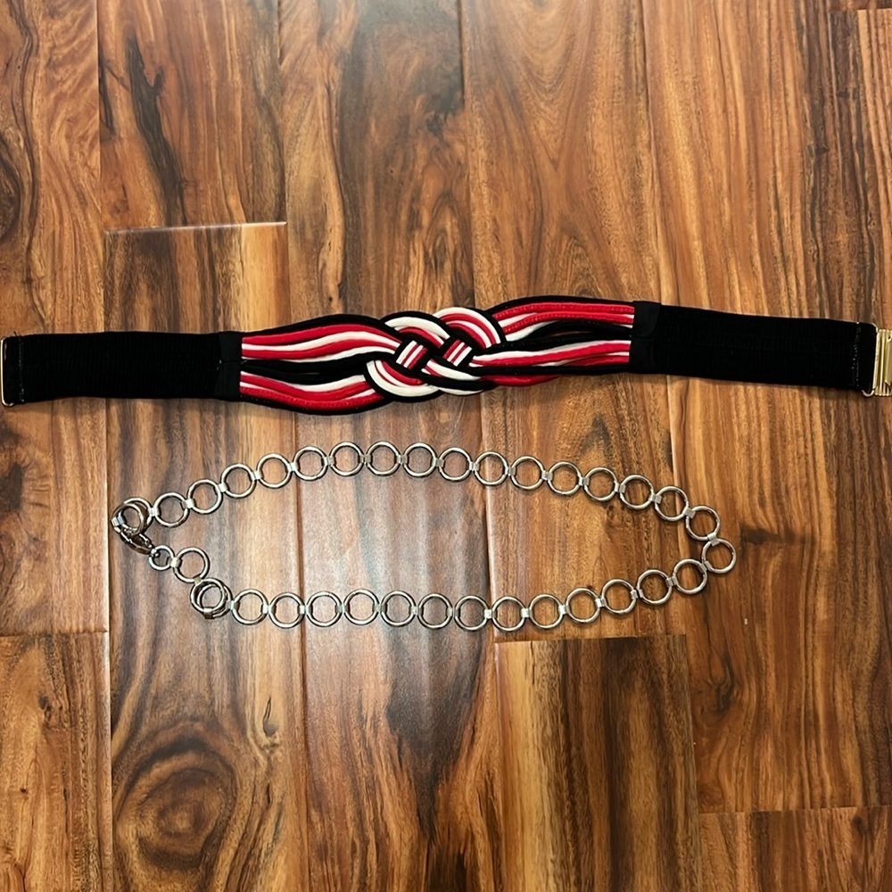 Two Fun Women’s Belts - Metal one is adjustable size - Black & Red is stretchy
